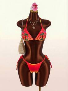 Amplova Ombre Print Beaded Embroidered 2 Pieces Set With Tie, Sexy Tropical Avant-Garde, Suitable For Vacation Outfit, Cute Mini Beach Orange Summer - Multicolor - View 7