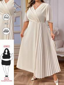 SHEIN CURVE+ Đầm dự tiệc thanh lịch cổ chữ V xếp ly eo dành cho nữ cỡ lớn, đầm cưới thanh lịch, đầm nhẹ. - Màu be - Xem 2