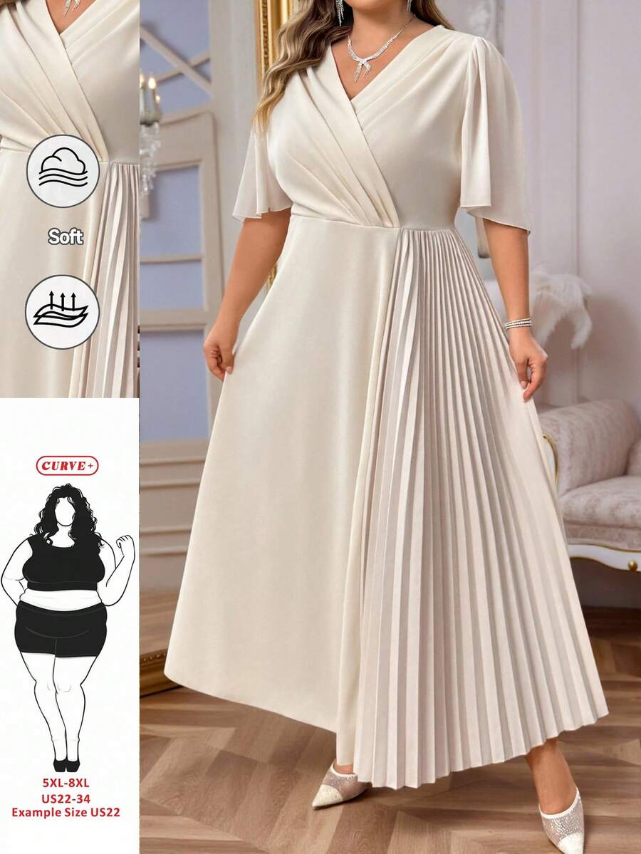 SHEIN CURVE+ Đầm dự tiệc thanh lịch cổ chữ V xếp ly eo dành cho nữ cỡ lớn, đầm cưới thanh lịch, đầm nhẹ.