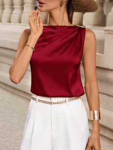 Editum Women's Regular Pleated Satin Sleeveless Blouse,Summer Top - Burgundy - View 7