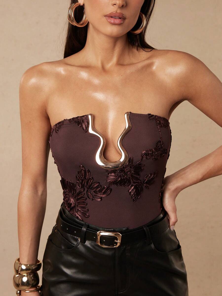 Silquee Women's Sexy Brown Floral Embroidered Strapless Bodysuit With Metal Decorative Buckles, Suitable For Night Out Club, Everyday Wear, Parties, Summer - Brown - View 1