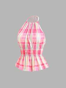 Sweetra Women's Backless Plaid Retro Cute Halter Top, Summer Vacation Hot Pink - Pink - View 5