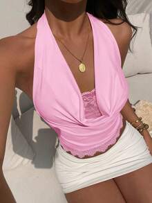 Aloruh Women's New Solid Pink Lace Patchwork Halter Backless Tie Camisole, Suitable For Vacation, Beach,Summer Top - Pink - View 4