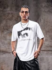 男士街頭風白色模糊字母圖案 emo 短袖 T-shirt - 白色 - 查看 5