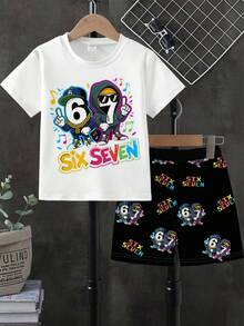 3 Sets Boys' Summer New Digital 67 Cartoon Print Short Sleeve 2-Piece Set, Black/Grey/White Colors Available, Casual Comfortable Cool Street Style, Suitable For Street Dance, Campus, Daily Outings, Versatile For Multiple Occasions, Photogenic, Summer Wardrobe Essential Boys' Set - Multicolor - View 7