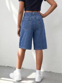 Girls' Casual Soft Cotton Denim Shorts, Fashion Versatile Daily Comfortable Loose Straight Leg Vintage Washed Blue Knee Length Shorts Suitable For Leisure, Vacation, Daily Wear - Blue - View 2