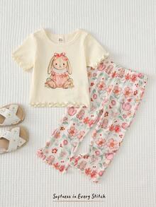 Cozy Pixies Bộ đồ 2 món cho bé gái: Áo thun cổ tròn tay ngắn và quần cạp chun in hình động vật hoạt hình, chất liệu mềm mại. - Màu be - Xem 1