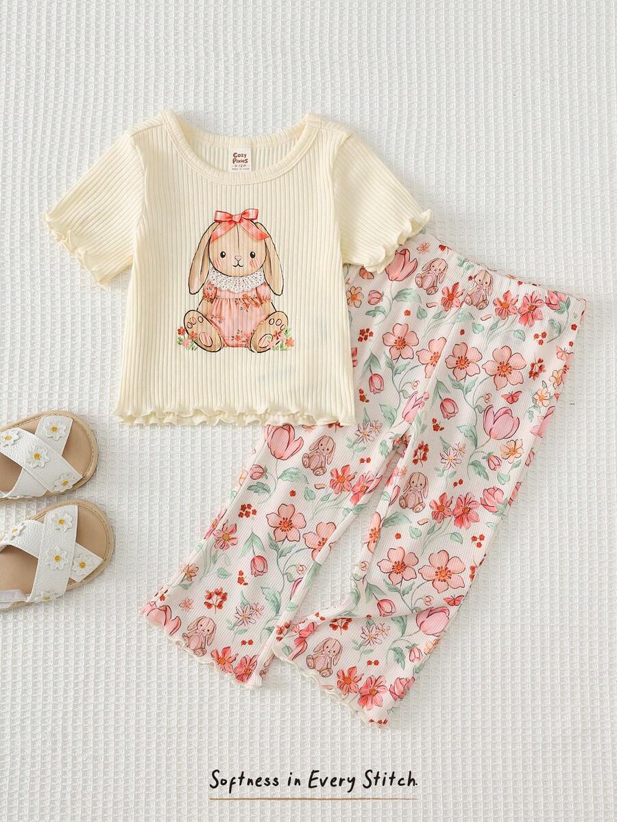 Cozy Pixies Bộ đồ 2 món cho bé gái: Áo thun cổ tròn tay ngắn và quần cạp chun in hình động vật hoạt hình, chất liệu mềm mại. - Màu be - Xem 1