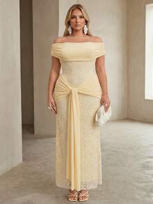 Auralis Plus Size Women Embroidered Tie-Up Ruched Bandeau Dress Festival Outfits Elegant Party Cocktail Formal Curvy Luxury Wedding Peach Summer Wedding - Yellow - View 5