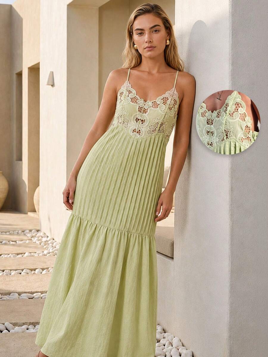 Rouah Đầm slip ren xuyên thấu xếp ly đa năng dành cho nữ - Hoàn hảo cho mùa hè, đầm mặc ngày hè, đầm dự tiệc trưa, đầm dự tiệc mùa hè, đầm đi nghỉ mát. - màu xanh lá - Xem 1