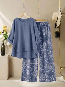 Lacomfia Bộ 2 món nữ cổ tròn tay dài dáng rộng ống rộng họa tiết in casual thoải mái size lớn - Xanh đậm - Xem 1