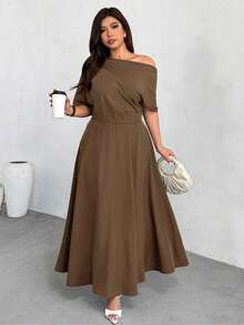 Firerie Vestido elegante de unicolor y cuello asimétrico, talla grande, para verano - Marrón - Ver 7