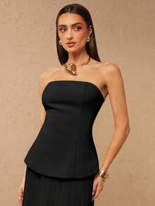 Silquee Women's Elegant Party Solid Color Bandeau Top And Pleated Skirt 2-Piece Set - Black - View 5