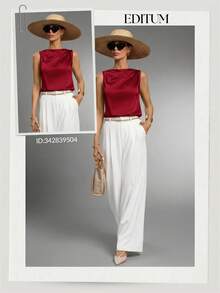 Editum Women's Regular Pleated Satin Sleeveless Blouse,Summer Top - Burgundy - View 10