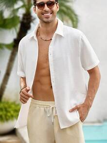 Mercer Haus Camisa de manga corta tejida de color blanco sólido con cuello para hombre, con botones delanteros, de verano, camisa abotonada, ligera, transpirable, fresca, casual, cómoda, regalo para padre/esposo - Blanco - Ver 7