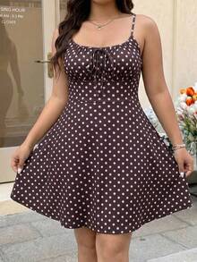 GalTyme Plus Size Polka Dot Tie Strap Sleeveless Summer Dress - Brown - View 6