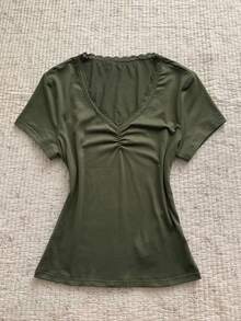 Attitoon Casual Minimalist Versatile Lace Trim Olive Green T-Shirt For Women, Suitable For Spring/Summer - Dark Green - View 1