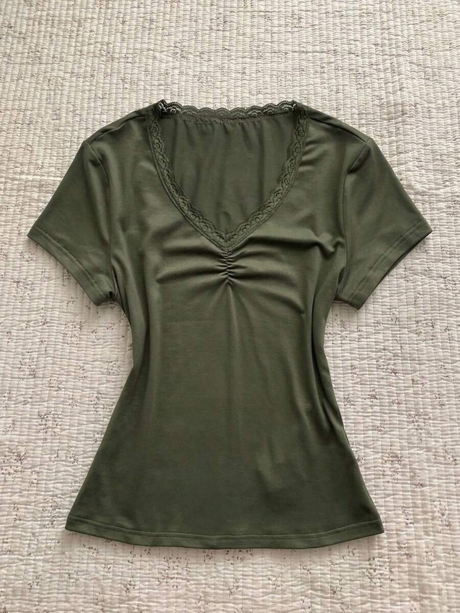 Attitoon Casual Minimalist Versatile Lace Trim Olive Green T-Shirt For Women, Suitable For Spring/Summer - Dark Green - View 1