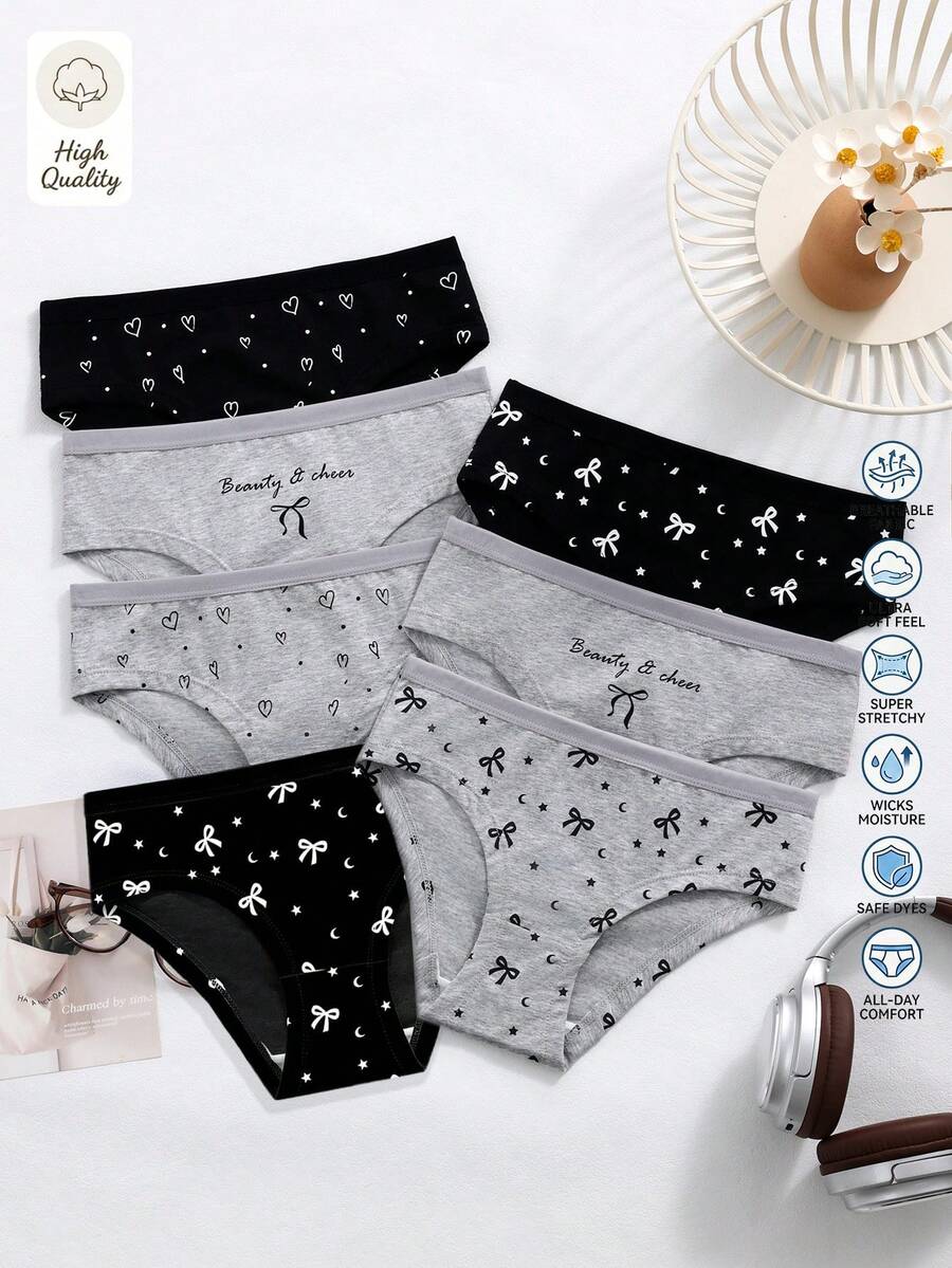 7条/包 女童爱心、星星、线条印花卡通可爱时尚内裤,适合大龄女孩 - 彩色 - 查看 1
