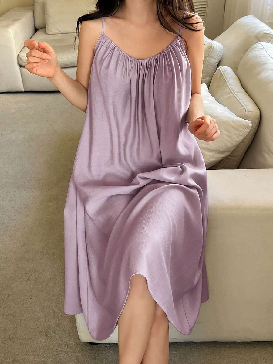 DAZY 女款休閒百褶細肩帶中長洋裝,夏季居家服 - 淡紫色 - 查看 1