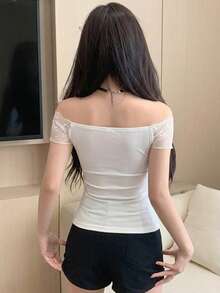 DAZY Women's Off Shoulder Tight T-Shirt - White - View 2