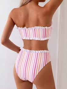 Swim Mod Spring/Summer Beach Vacation Striped Print 2 Pieces Set, Ruched Neckline, Ruffled Hem Pants - Multicolor - View 2
