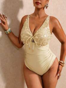 Elaquor Plus Size Sequin Patchwork One-Piece Swimsuit - Apricot - View 8
