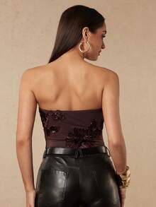 Silquee Women's Stylish And Sexy Brown Embroidered Floral Strapless Bodysuit With Metal Decorative Buckles, Suitable For Work, Everyday Wear, Parties, And Dat - Brown - View 2