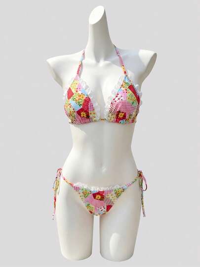ROMWE Kawaii Women's Summer Beach Floral Print Halter Tie Fashionable Bikini And Triangle Panty Swimsuit Set