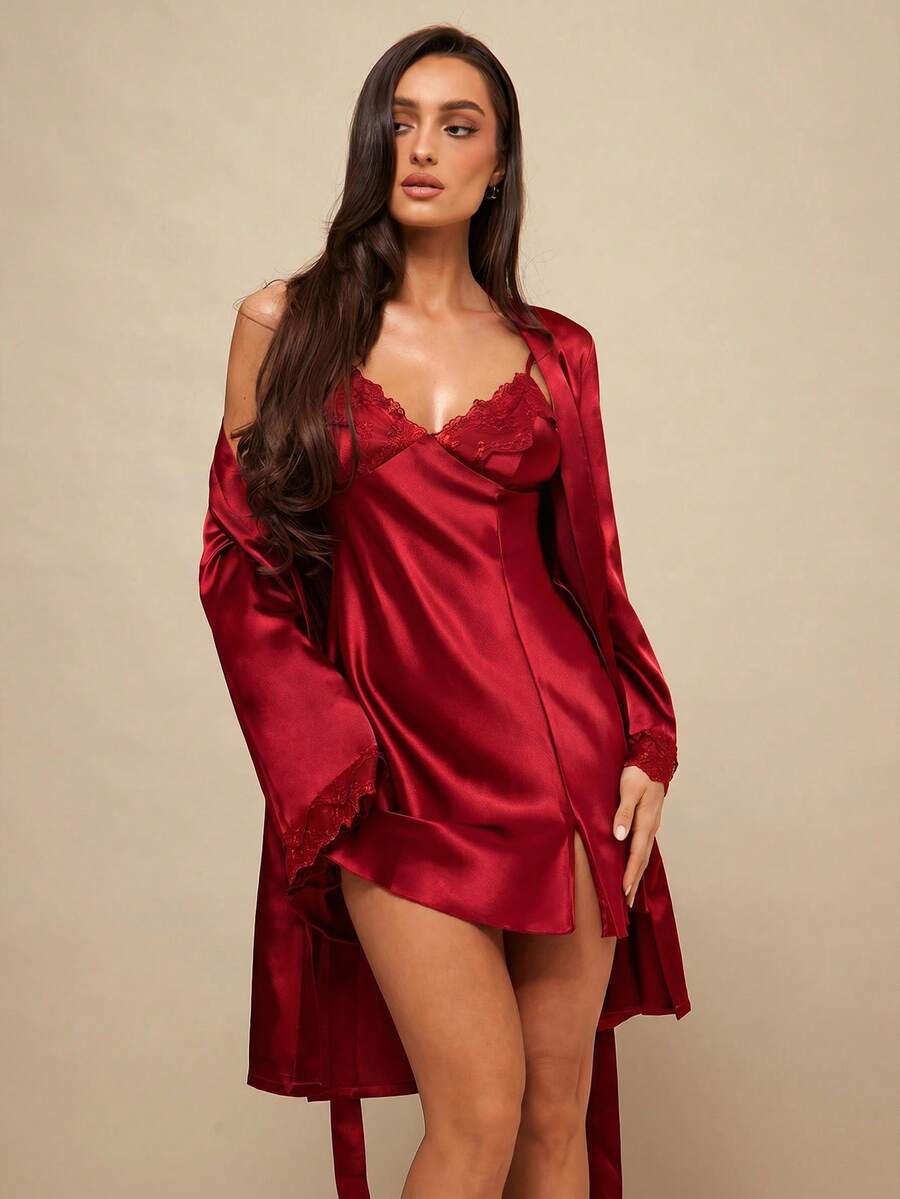 Silquee Lace Trimmed Cami Slip Dress And Belted Robe Pajama Set, Fall Winter Clothes Cozy And Elegant Details - Burgundy - View 1