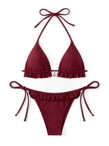 Sweetra 2025 Ladies' Summer Beach Solid Color Ruffle Halter Tie Sexy Bikini Swimsuit Set Red Bikini Set Vacation - Burgundy - View 2