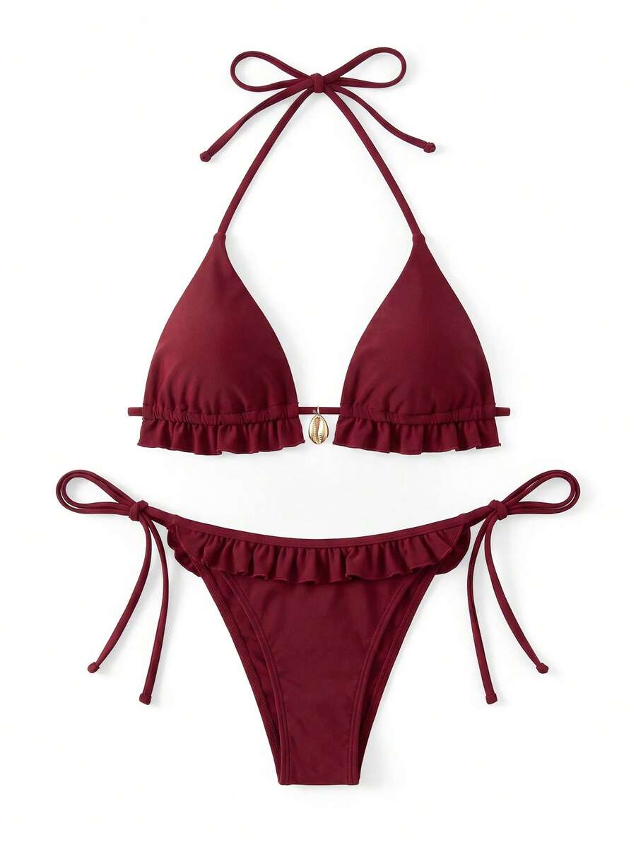 Sweetra 2025 Ladies' Summer Beach Solid Color Ruffle Halter Tie Sexy Bikini Swimsuit Set Red Bikini Set Vacation