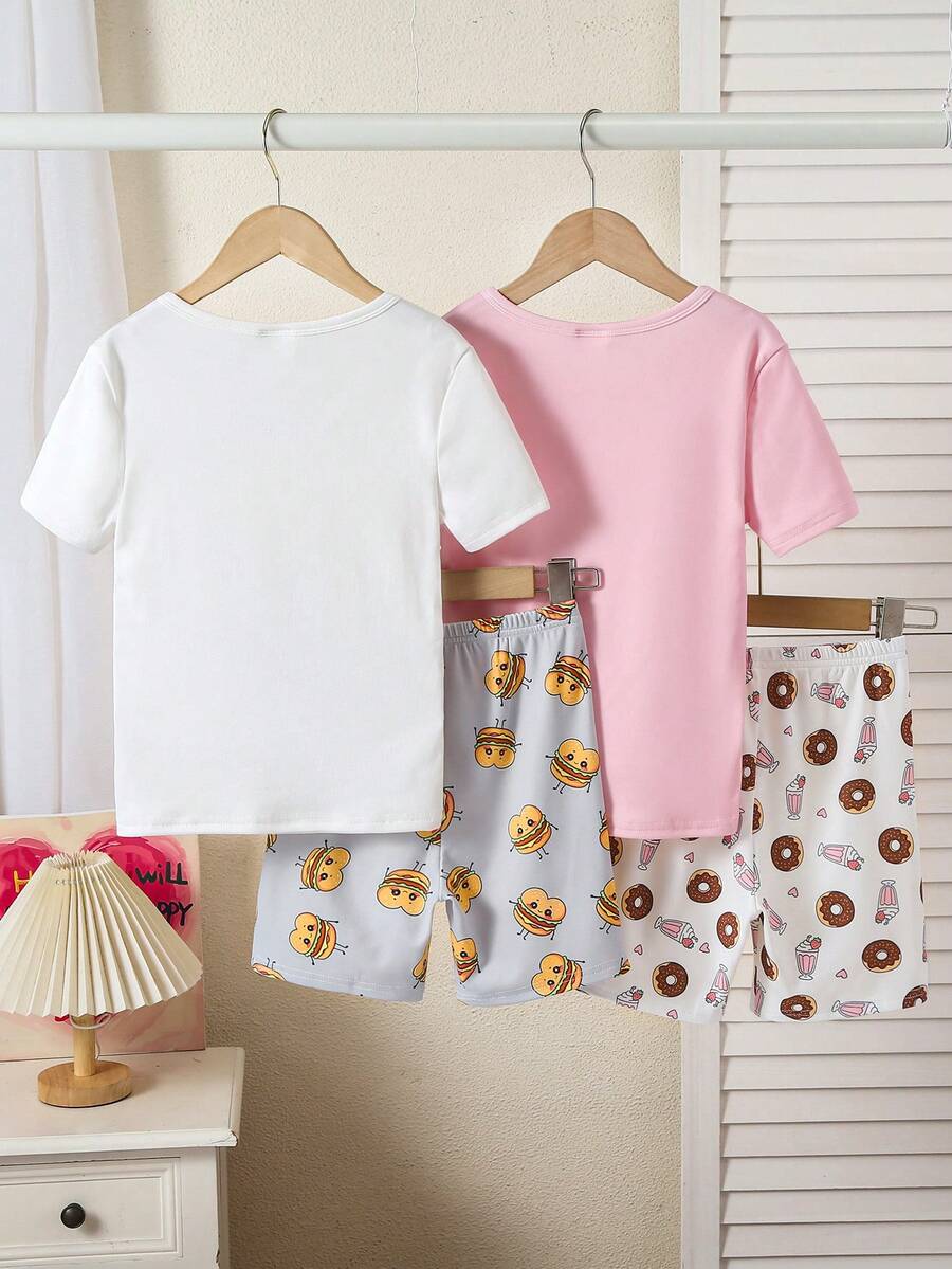 2 Set Isi 4pcs Piyama Rajut Elastis Motif Hamburger untuk Anak Perempuan, Nyaman dan Lembut, Desain Grafis Lucu, Hadiah Terbaik untuk Anak Perempuan Remaja, Set Seragam untuk Sahabat - MultiWarna - View 1