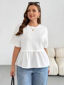 SHEIN Essnce 大码女装春夏时尚休闲弹力舒适日常百搭显瘦荷叶边下摆白色短袖T恤,外出上衣,简约风格,夏季上衣,欧洲夏季 - 淡黃色 - 查看 9