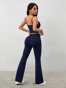 SHEIN PETITE 夏季黑色蕾絲拼接吊帶 + 喇叭褲女款修身兩件套，適合嬌小女性 - 藏蓝色 - 查看 2