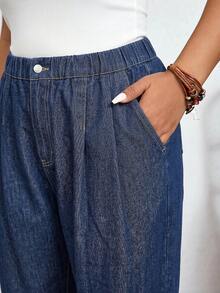 SHEIN CURVE+ CURVE+ Plus Size Women's Elastic Waist Barrel Leg Jeans, Casual Everyday & Comfort Pants For Women Wide Leg Pants For Women - Medium Wash - View 3
