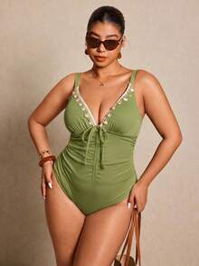 Elaquor Plus Size One-Piece Swimsuit With Shell & Starfish Pendant - Army Green - View 5
