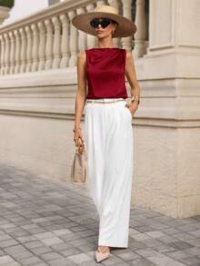 Editum Women's Regular Pleated Satin Sleeveless Blouse,Summer Top - Burgundy - View 8