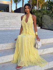 Firerie Vestido sin mangas con cuello halter, espalda descubierta y volantes de malla de color amarillo pálido sólido para mujer - Amarillo claro - Ver 3