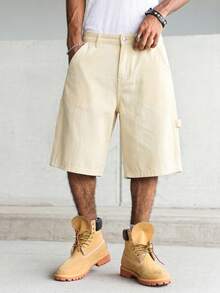 Manfinity Hypemode Men's Casual Street Style Multi-Pocket Beige Denim Cargo Shorts - Apricot - View 3