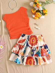 Teenage Girls Two Pieces Set,Casual,Elegant,Cute,Parties,Vacation,Green,Orange Knitted Jacquard Pullover Vest And Double-Layer Cake Skirt Summer - Multicolor - View 2
