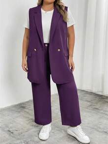 SHEIN CURVE+ Plus Size Lapel Collar Double Button Vest Blazer Workwear Graduation,Back To School,Teacher Outfits For Women In Fall/Winter - Purple - View 4
