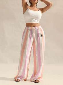 GalTyme Plus Size Women Waist Tie Striped Pocket Wide Leg Pants - Multicolor - View 6
