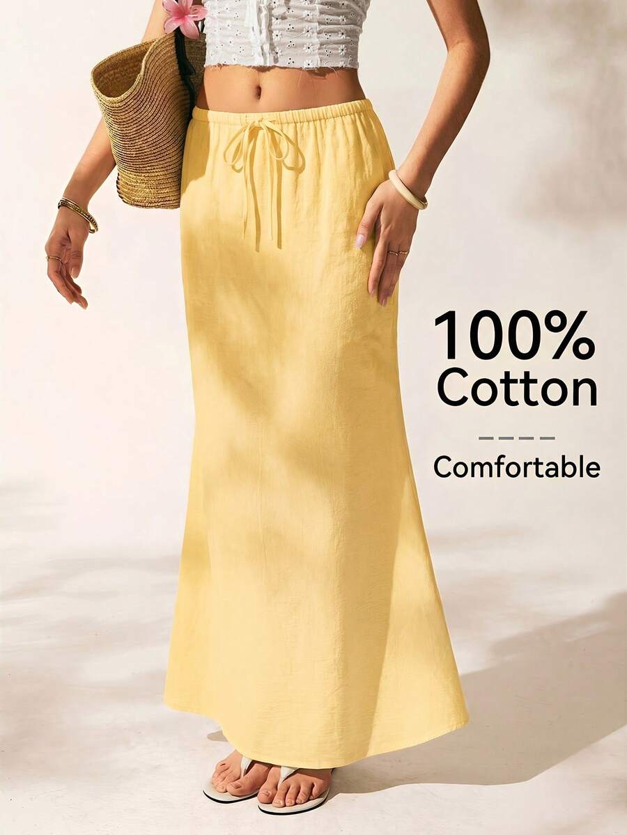 SHEIN EZwear 大码女装春夏休闲度假风白色亚麻美人鱼长裙,抽绳腰带裙,抽绳长裙,鱼尾裙 - 黃色 - 查看 1