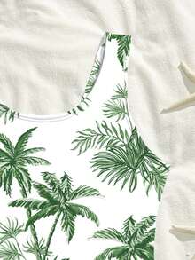 SHEIN 一件随机印花少女连体泳衣，清新夏威夷风，纯白底色搭配水彩绿色棕榈树印花，宽肩带设计，针织面料，时尚休闲，优雅大方，适合游泳、夏季度假、海滩、泳池、派对、休闲假期等场合。 - 彩色 - 查看 5