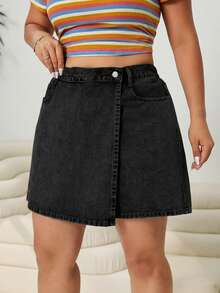 Solflare Plus Size Solid Color Wrap Design Casual Versatile Denim Shorts For Summer - Black - View 3