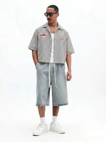 SUMWON Áo sơ mi tay ngắn dáng lửng kẻ sọc với họa tiết thêu retro, kiểu dáng áo khoác ngoài mùa hè có nút cài. - Màu xanh hải quân - Xem 3