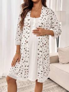 Slowluna Maternity Floral Contrast Lace Trim Robe And Nursing Dress 2 Pieces Set Fall - White - View 10
