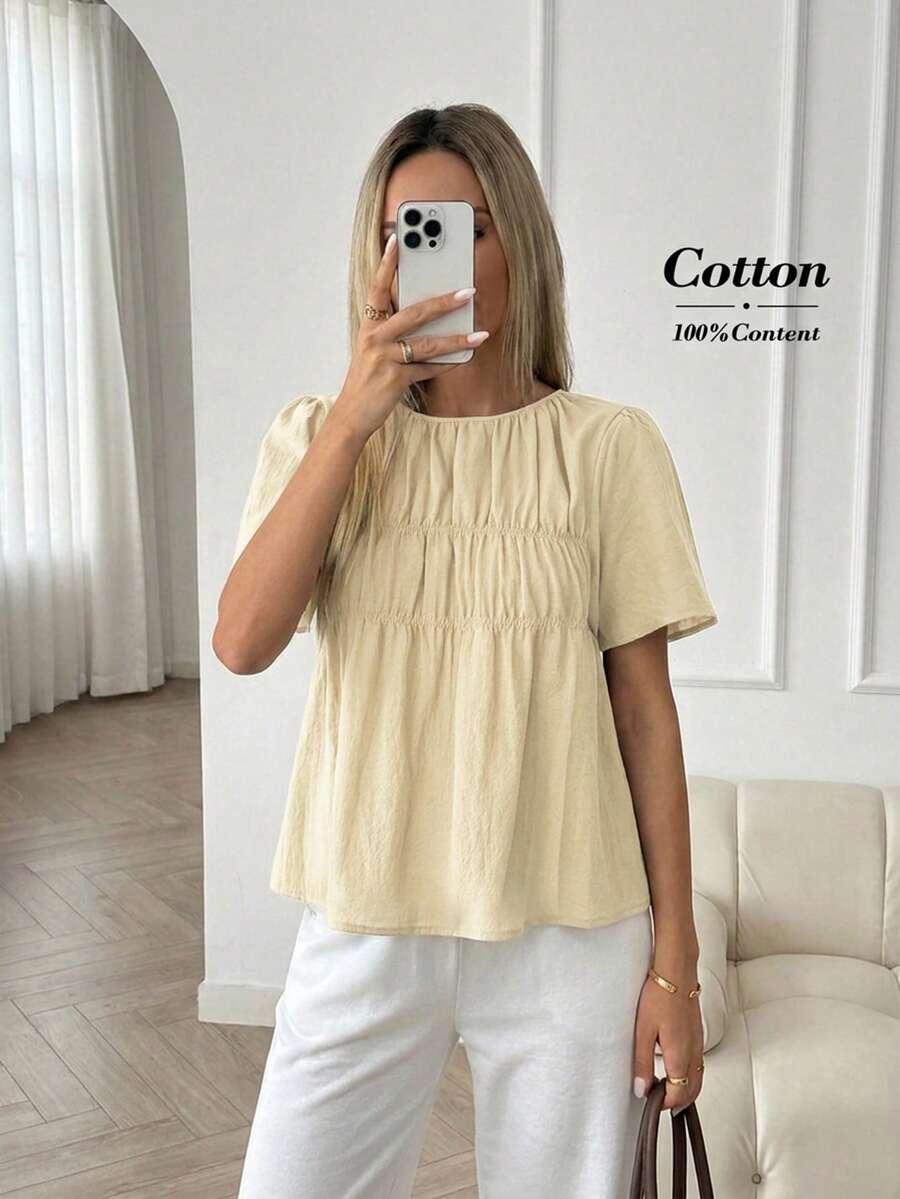 Easowa 女款純色圓領短袖標準肩寬寬鬆襯衫,休閒服飾 - 米色 - 查看 1