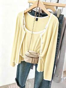 GlowEve CURVE Plus Size Women 2pcs Set: Long Sleeve Single-Breasted Cardigan And Camisole, Casual Fall - Light Yellow - View 3
